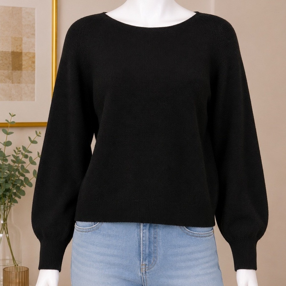 Uniqlo Womens Sweater‎ Black 100% Cotton Boat Neck Puff Sleeve S